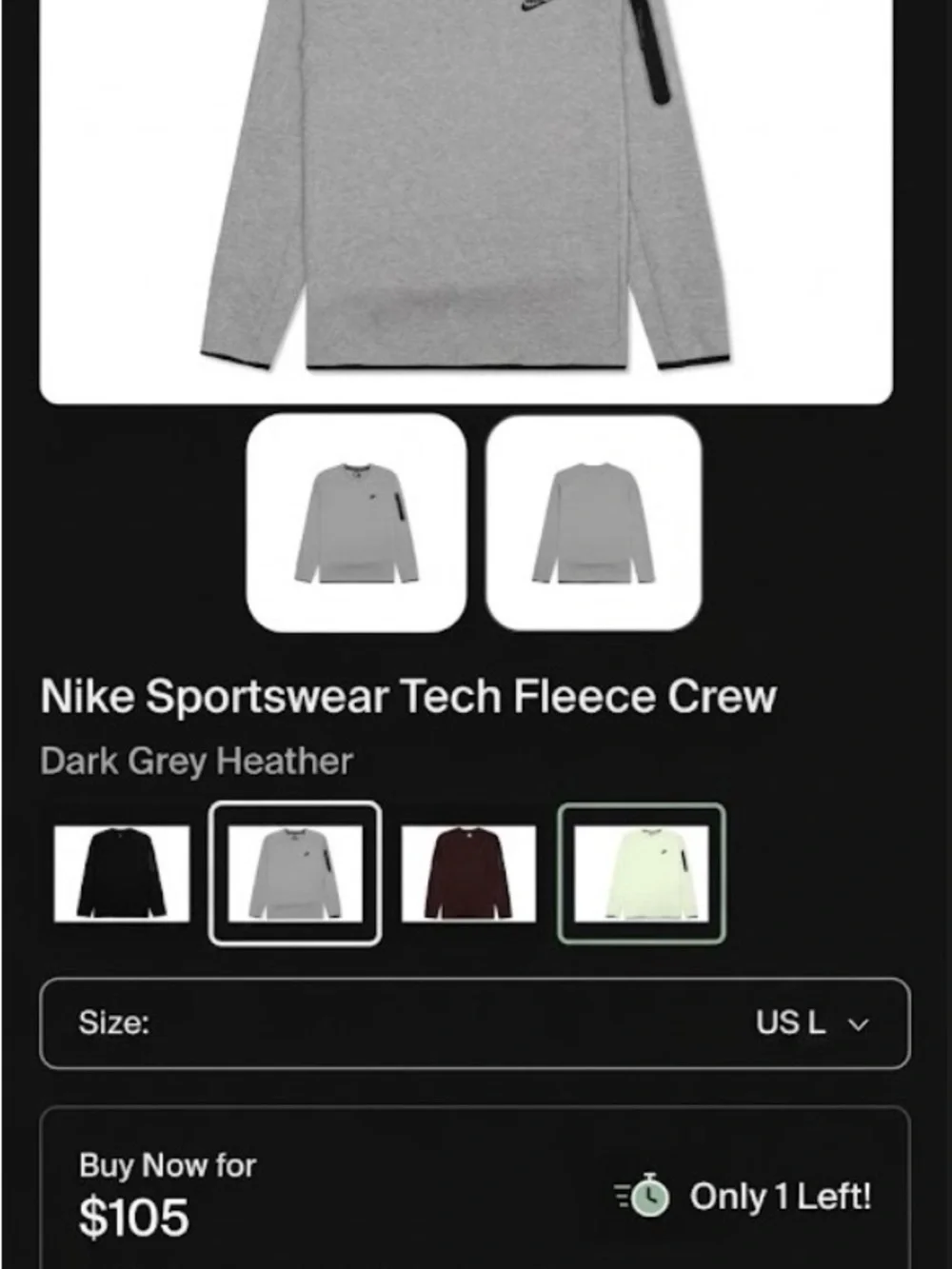 Nike Light Gray Crew Sweatshirt with Black Logo and Sleeve Zip